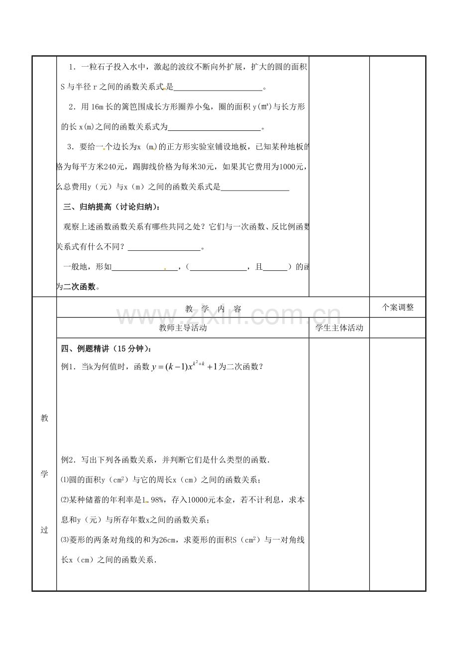 江苏省新沂市第二中学九年级数学下册 6.1 二次函数教案 苏科版.doc_第2页