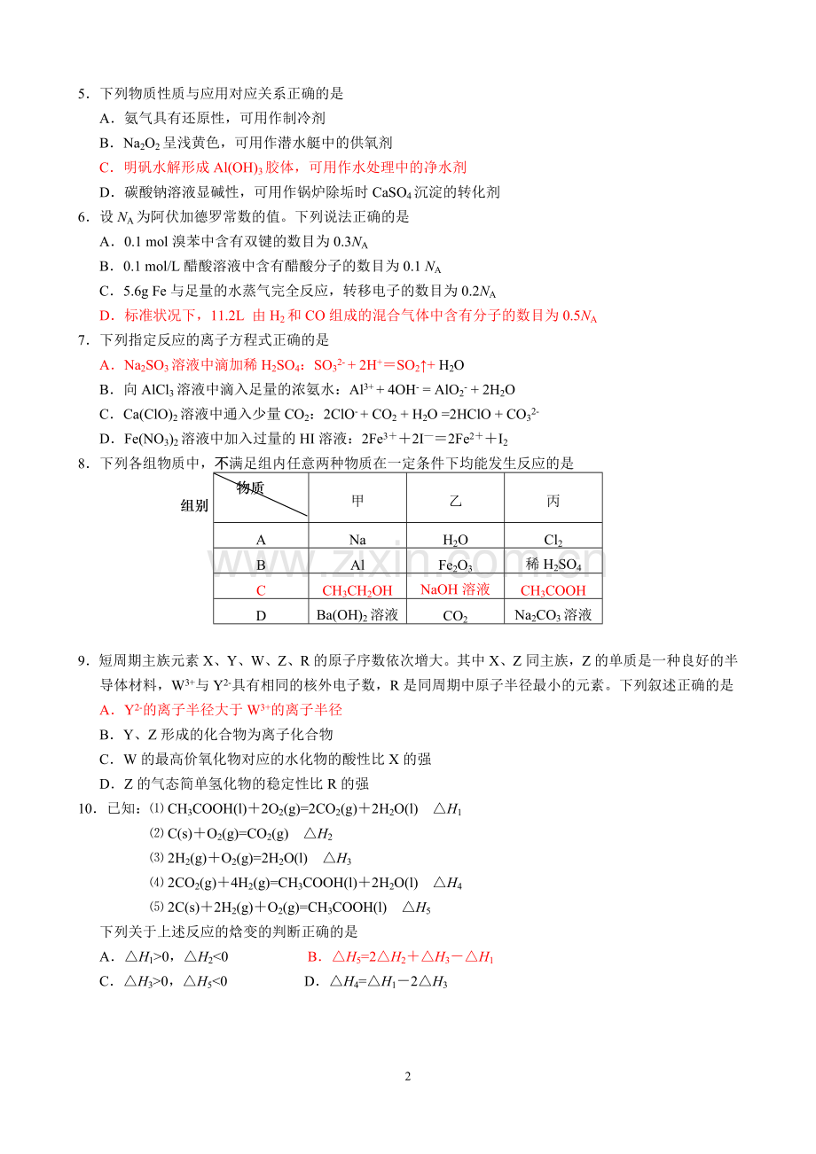 江苏省南通市2015届高三化学第一次模拟试题.doc_第2页