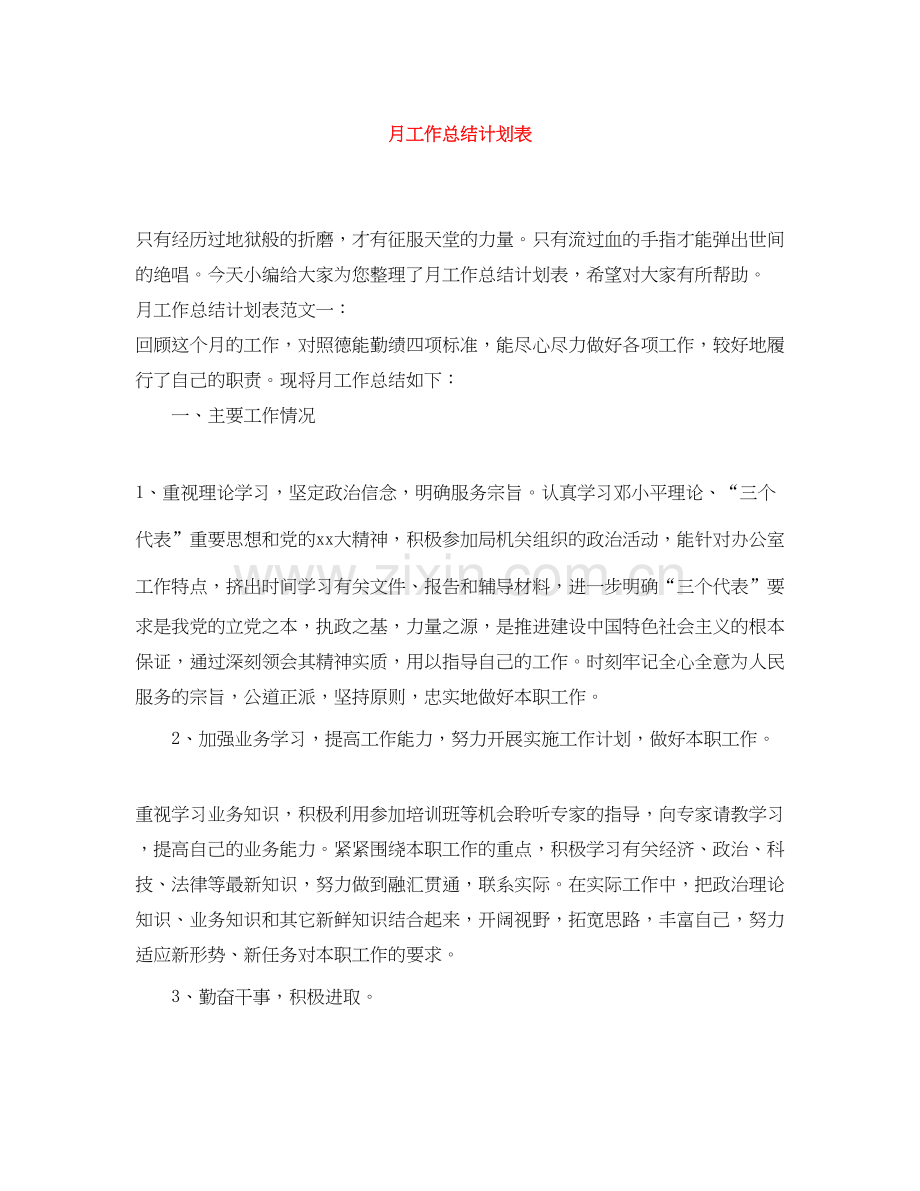 月工作总结计划表.docx_第1页