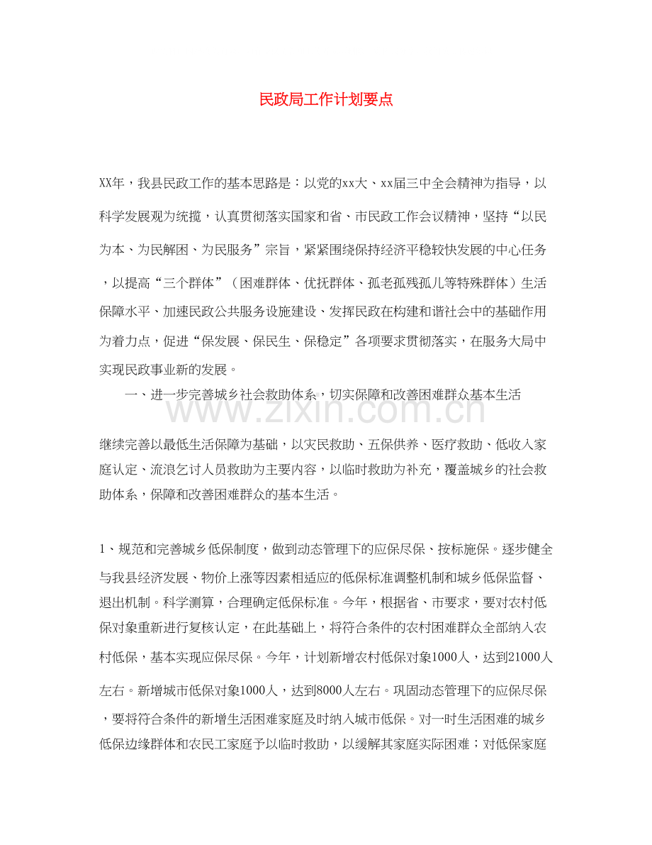 民政局工作计划要点.docx_第1页