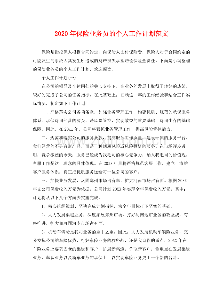 2020年保险业务员的个人工作计划范文.docx_第1页