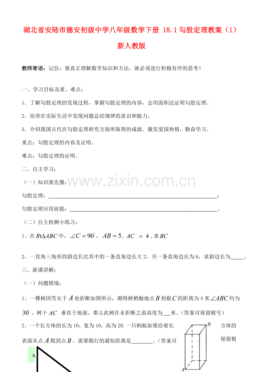 湖北省安陆市德安初级中学八年级数学下册 18.1勾股定理教案（1） 新人教版.doc_第1页