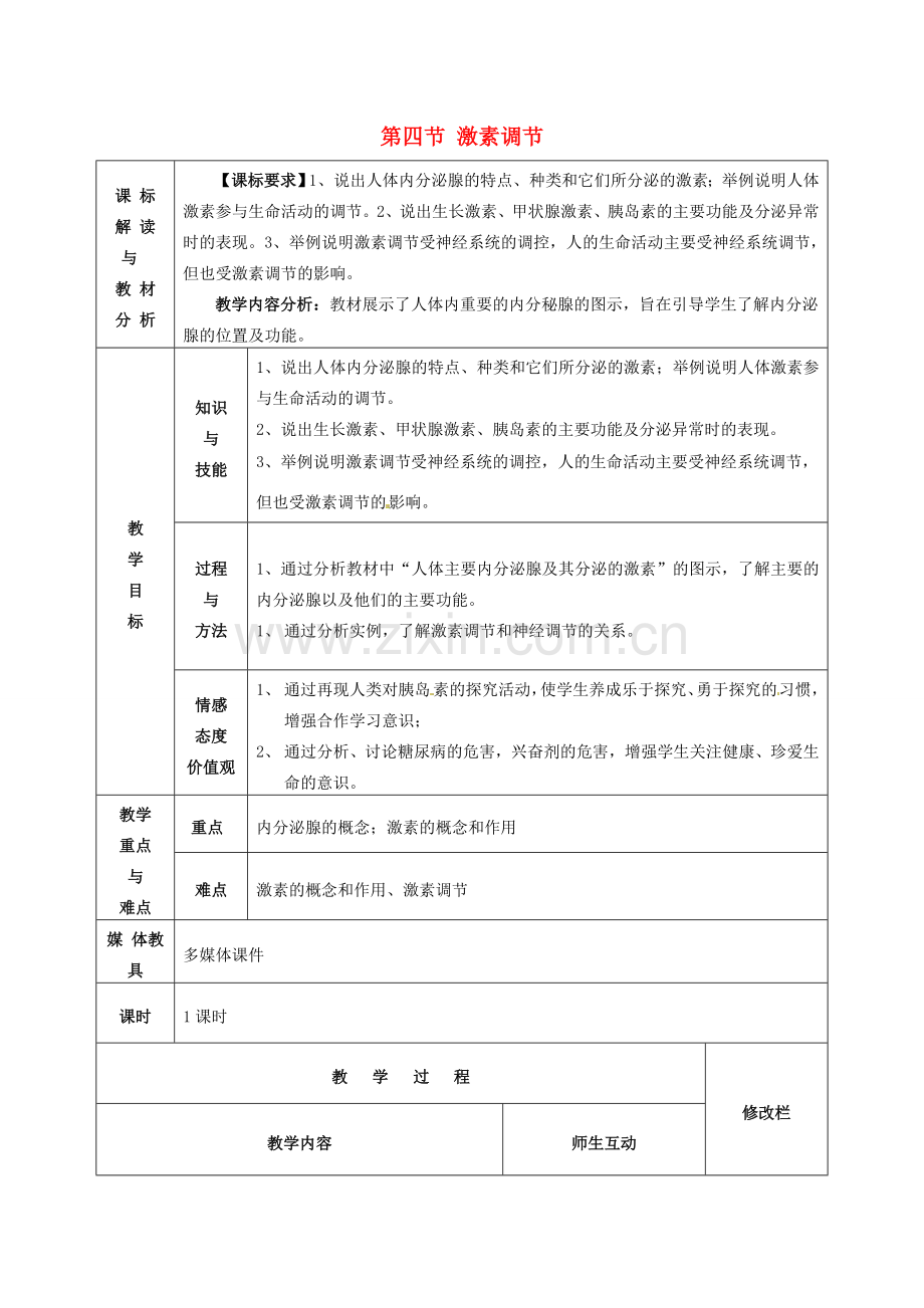 七年级生物下册 4.6.4 激素调节教案 新人教版-新人教版初中七年级下册生物教案.doc_第1页