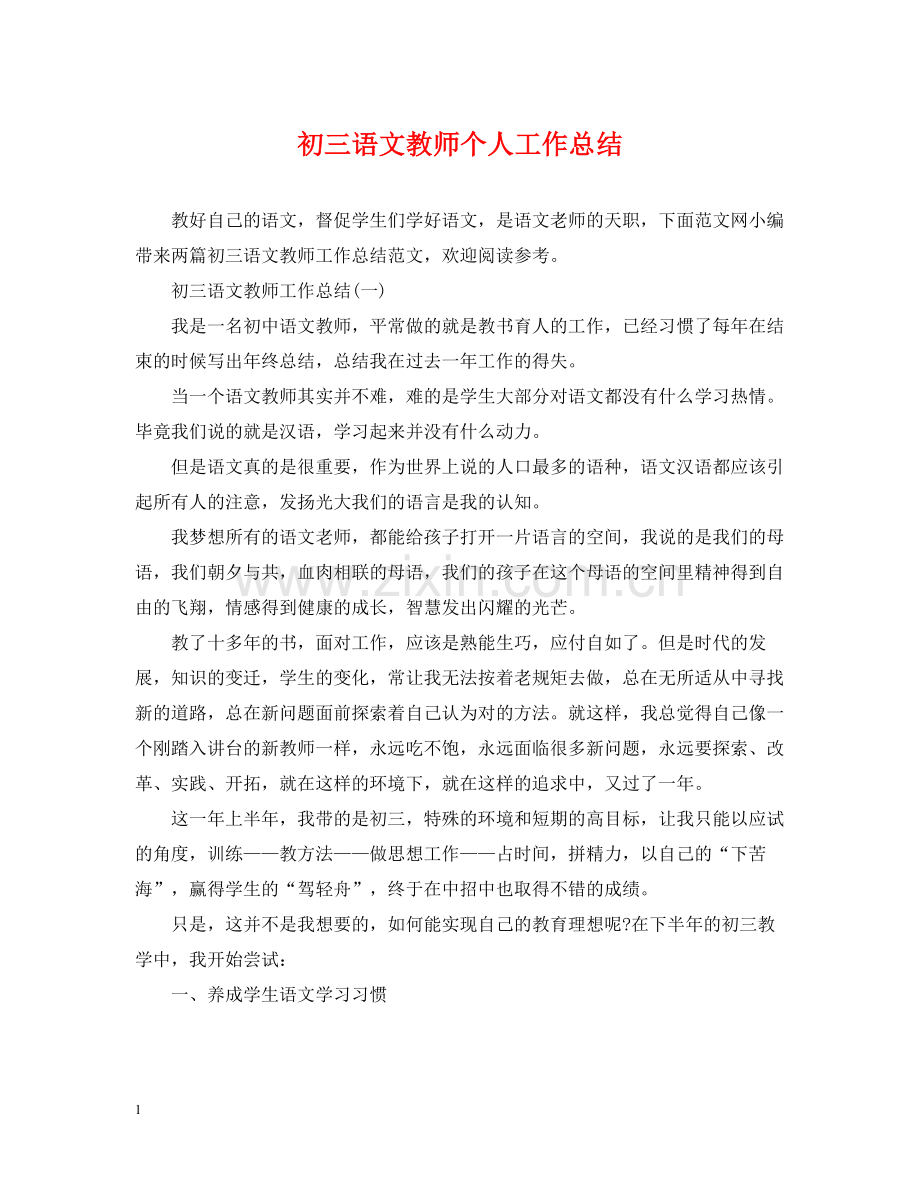 初三语文教师个人工作总结.docx_第1页