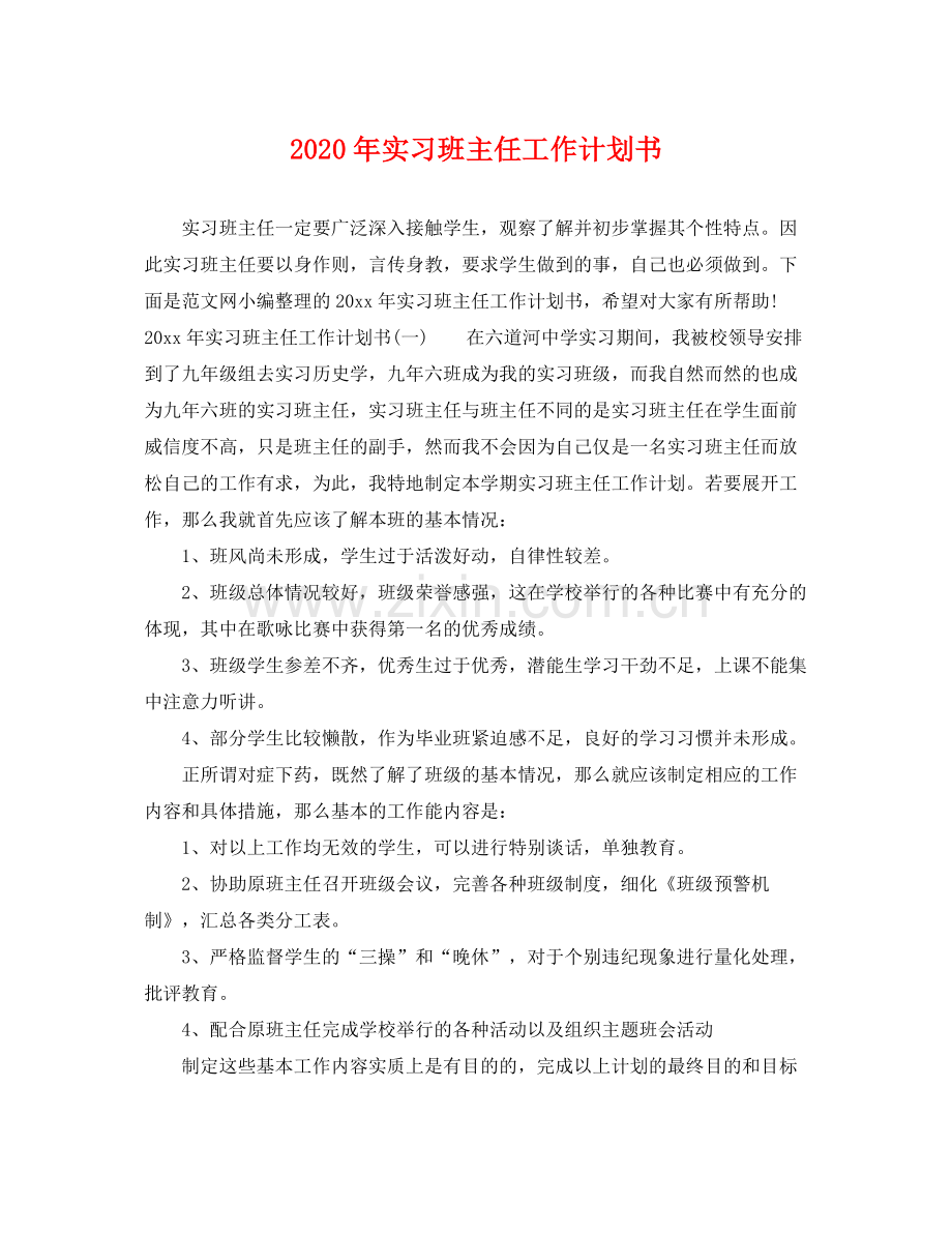 2020年实习班主任工作计划书.docx_第1页