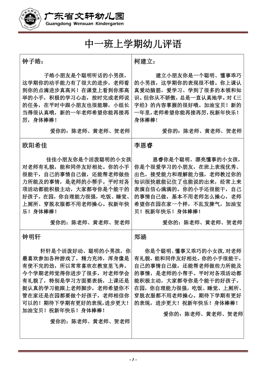 中一班上学期幼儿评语.docx_第1页