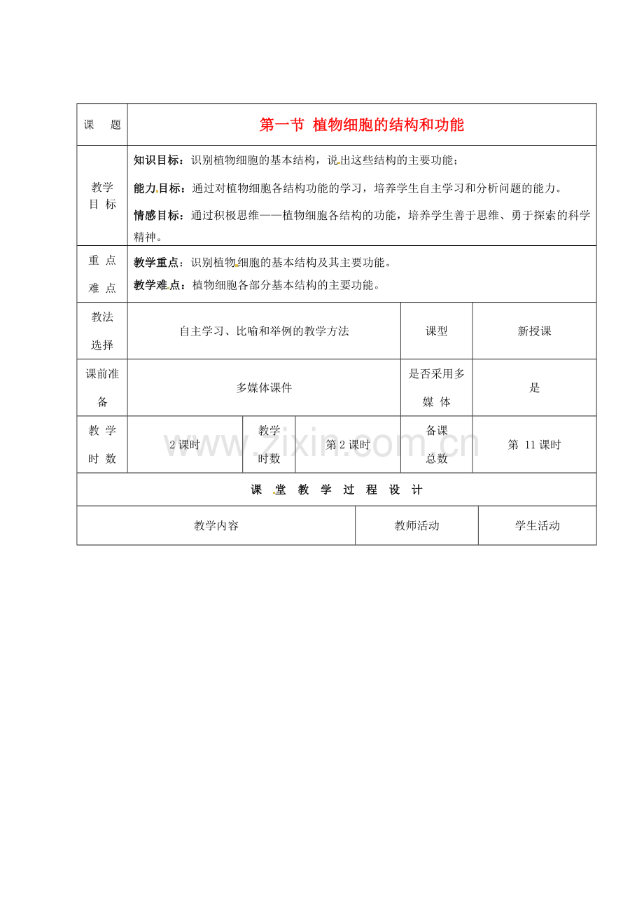 七年级生物上册 第3章 第1节 植物细胞的结构和功能教案2 苏教版-苏教版初中七年级上册生物教案.doc_第1页