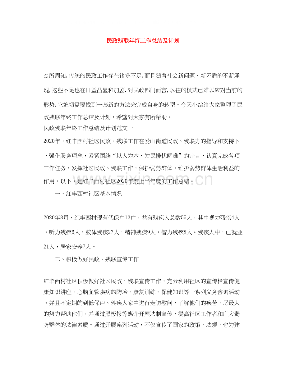 民政残联年终工作总结及计划.docx_第1页