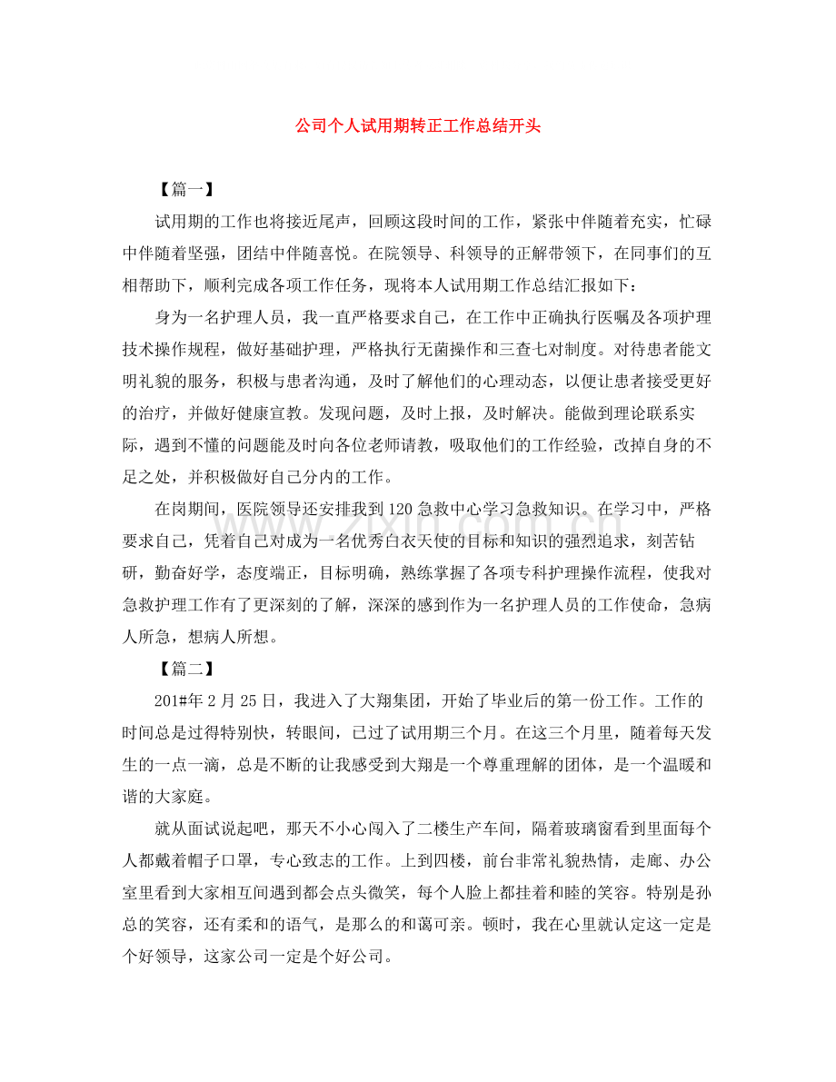 公司个人试用期转正工作总结开头.docx_第1页