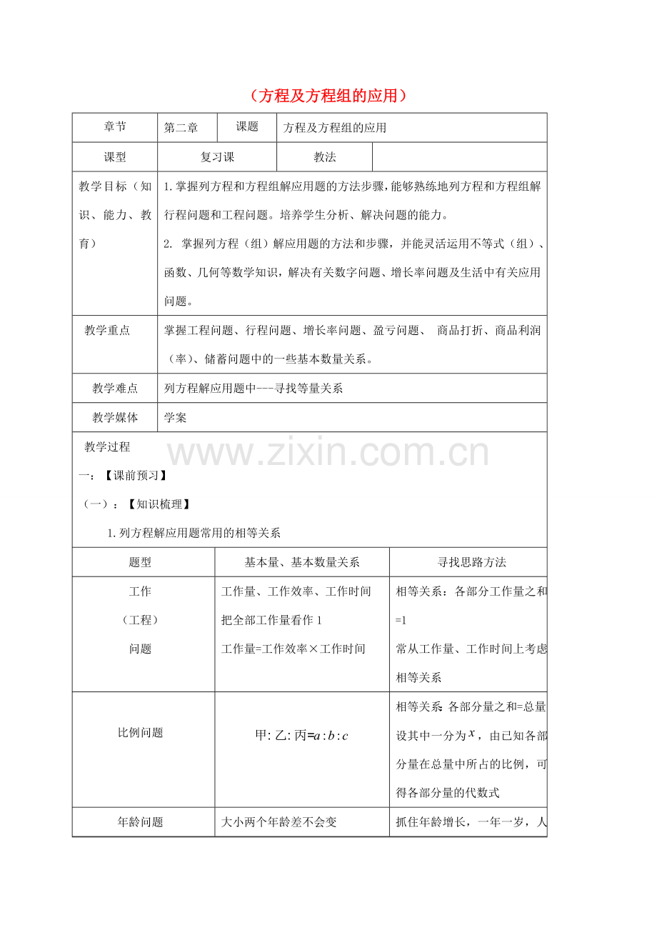 山东省龙口市兰高镇中考数学一轮复习 教学设计十（方程及方程组的应用） 鲁教版-鲁教版初中九年级全册数学教案.doc_第1页