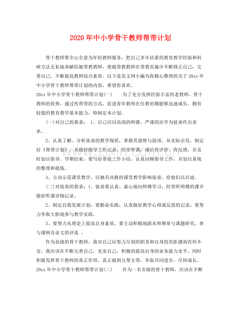 2020年中小学骨干教师帮带计划.docx_第1页