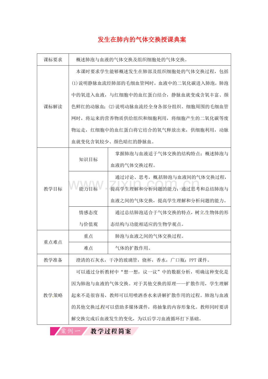 七年级生物下册 第四单元 第三章 第二节 发生在肺内的气体交换授课典案2 （新版）新人教版-（新版）新人教版初中七年级下册生物教案.doc_第1页