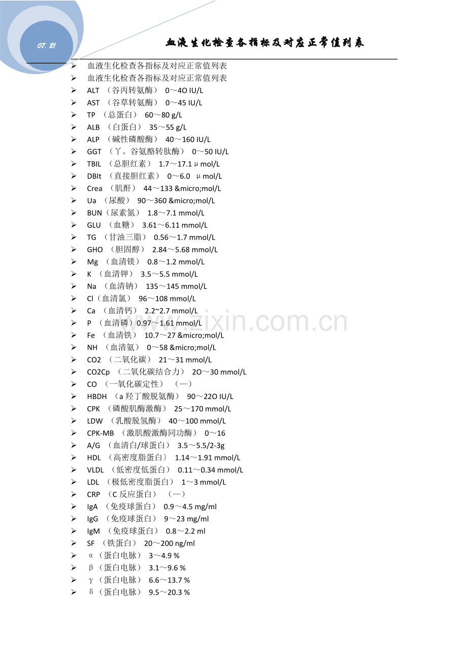 血液生化检查各指标及对应正常列表.docx_第1页