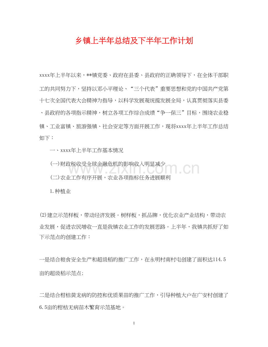 乡镇上半年总结及下半年工作计划.docx_第1页