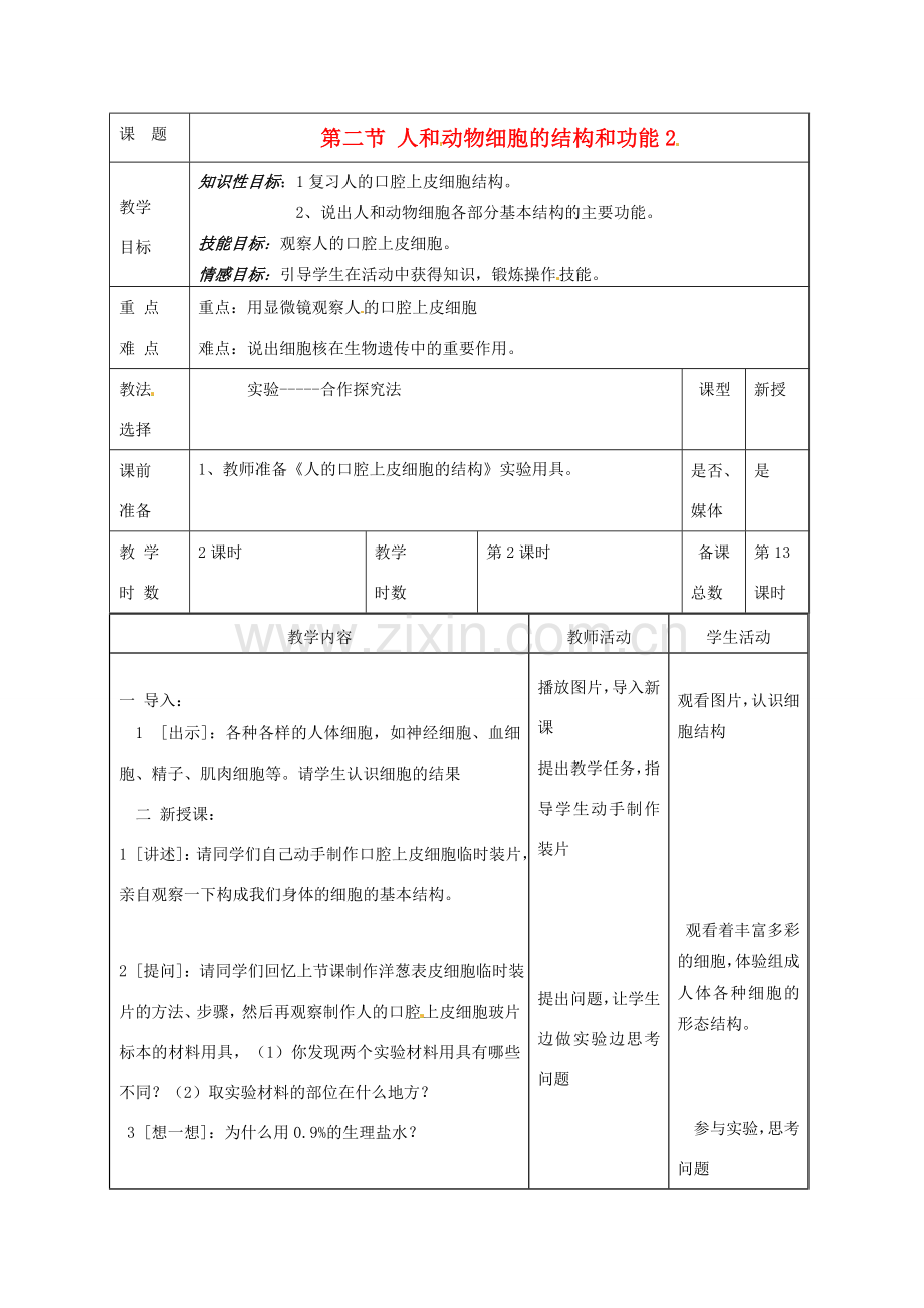 七年级生物上册 第3章 第2节 人和动物细胞的结构和功能教案2 苏教版-苏教版初中七年级上册生物教案.doc_第1页