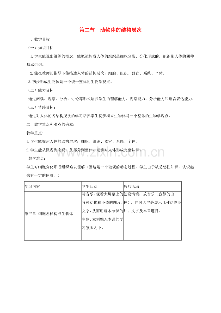 新疆精河县七年级生物上册 2.2.2动物体的结构层次教案 （新版）新人教版-（新版）新人教版初中七年级上册生物教案.doc_第1页