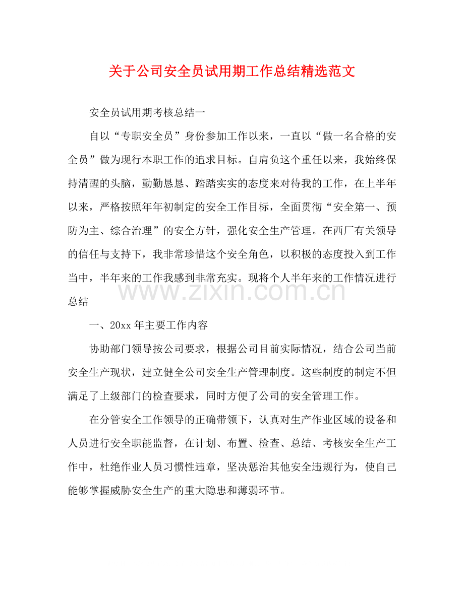 关于公司安全员试用期工作总结范文.docx_第1页