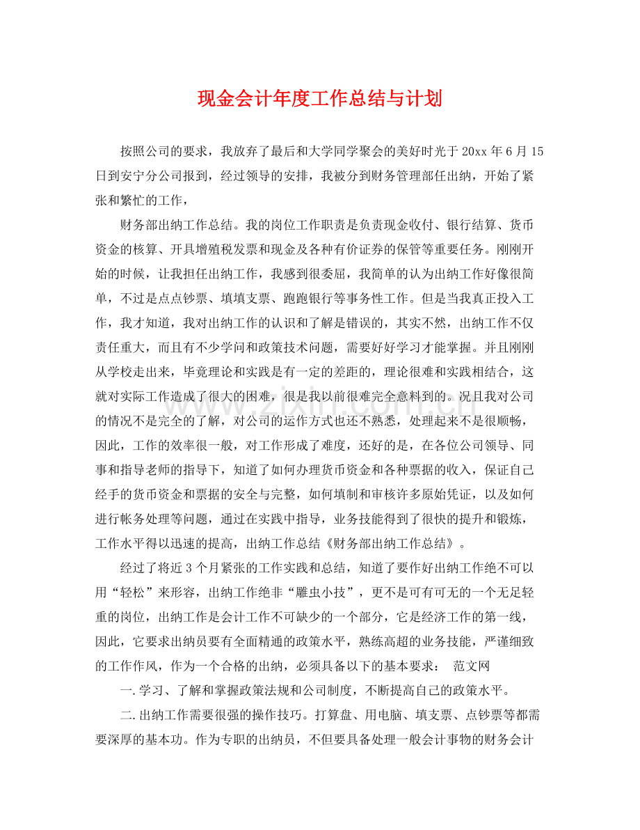 现金会计年度工作总结与计划 .docx_第1页