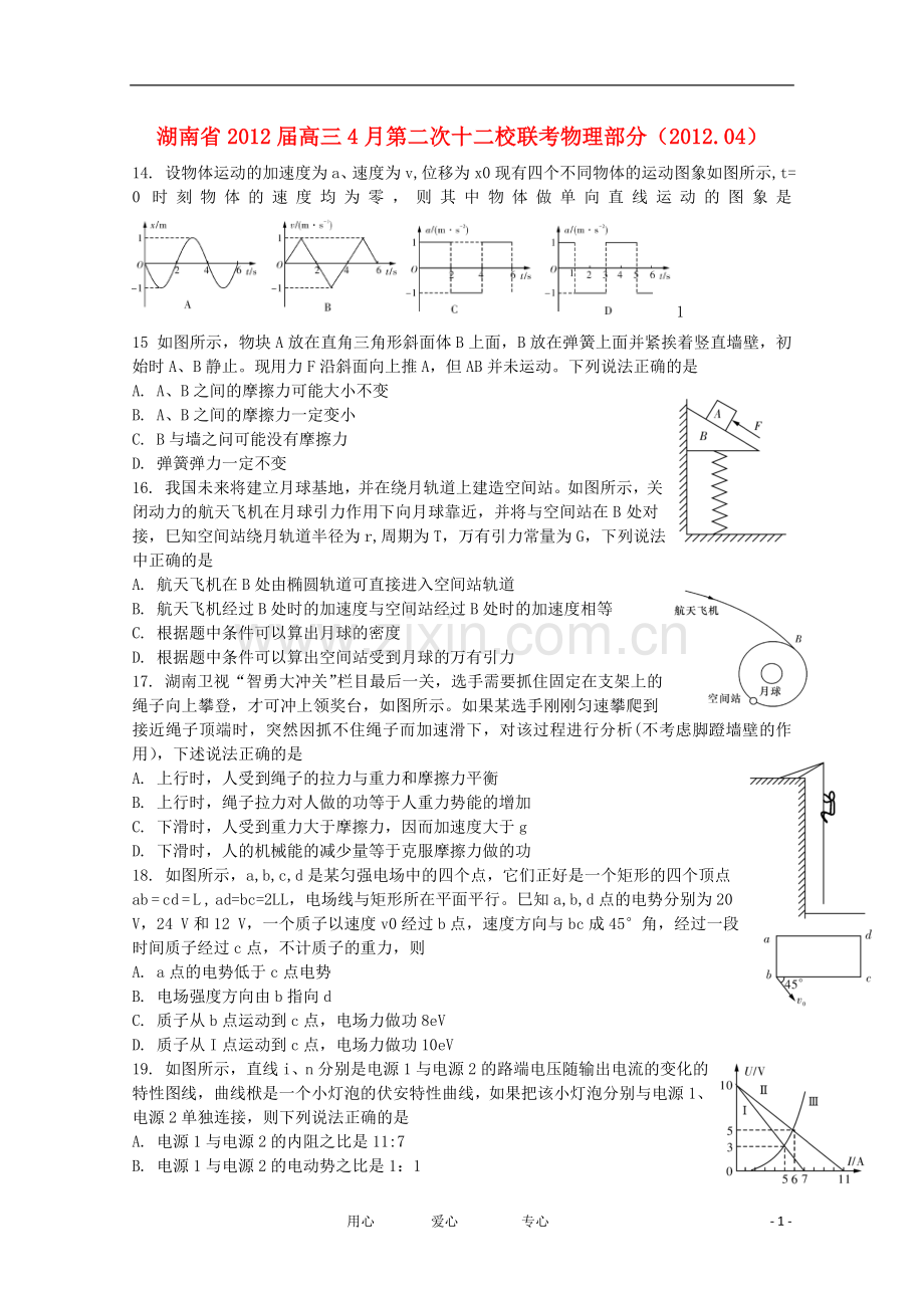 湖南省2012届高三物理4月第二次十二校联考试题.doc_第1页