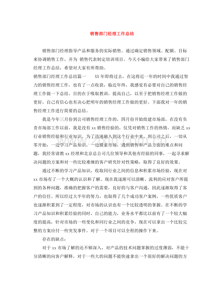 销售部门经理工作总结.docx_第1页