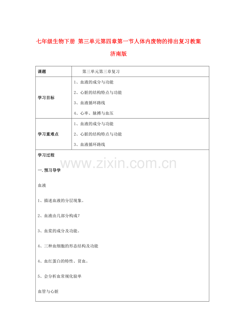 七年级生物下册 第三单元第四章第一节人体内废物的排出复习教案 济南版.doc_第1页