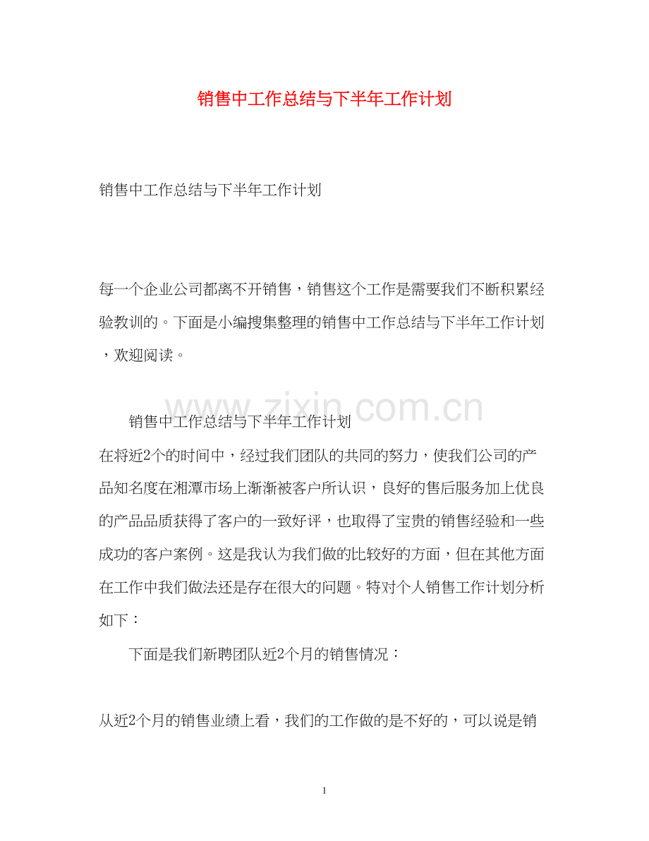 销售中工作总结与下半年工作计划.docx_第1页