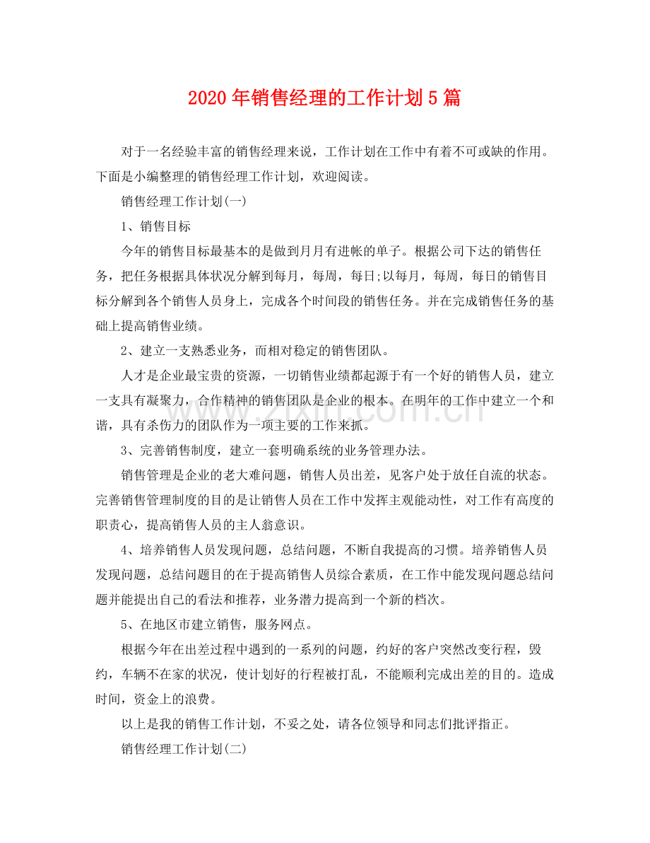 2020年销售经理的工作计划5篇.docx_第1页