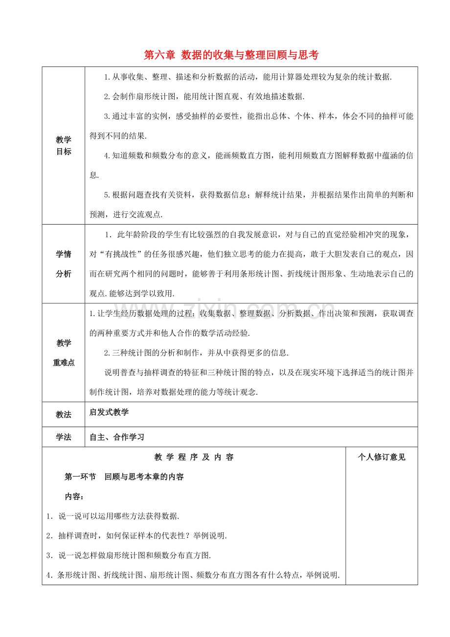 七年级数学上册 第六章 数据的收集与整理回顾与思考教案 （新版）北师大版-（新版）北师大版初中七年级上册数学教案.doc_第1页