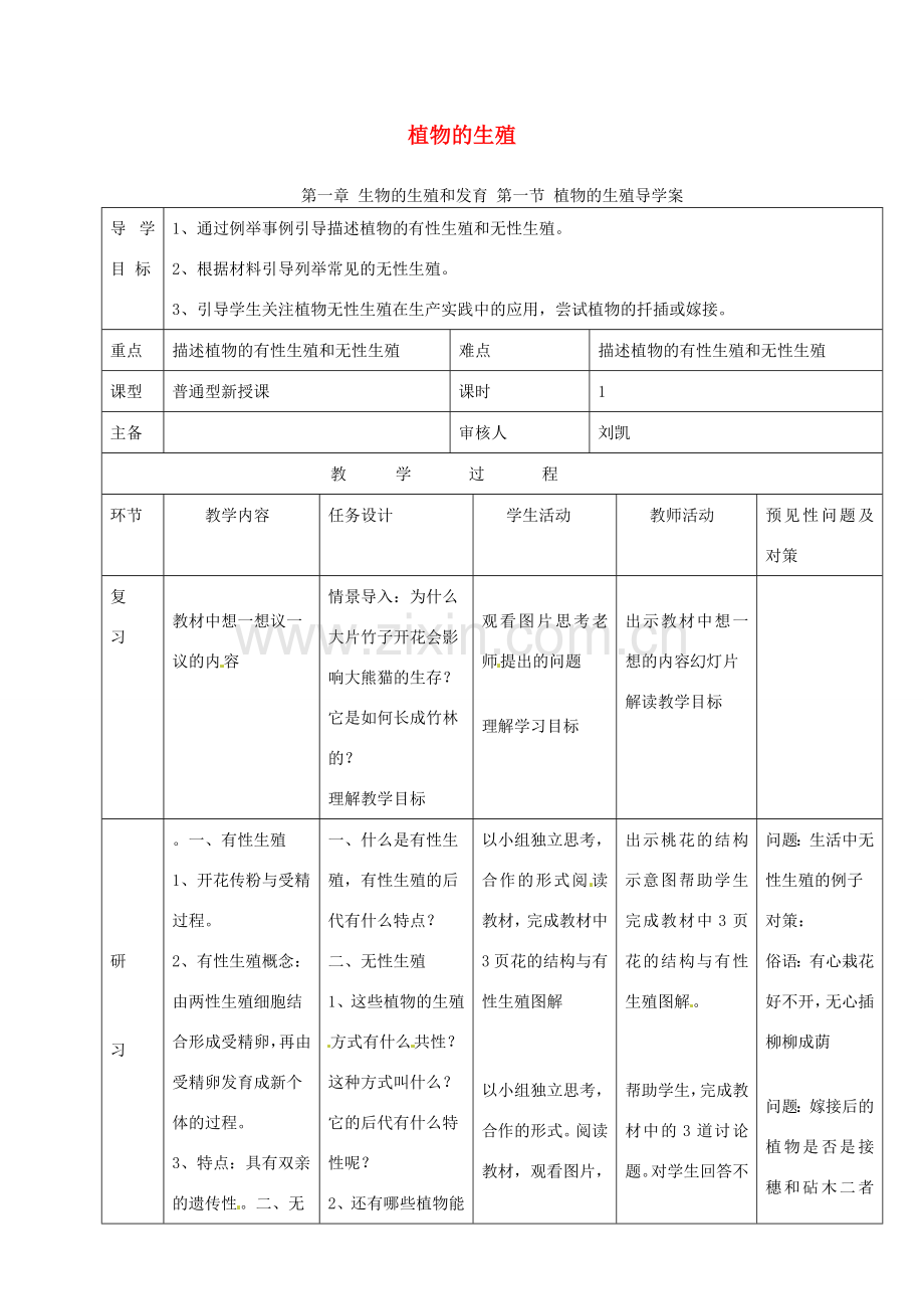 吉林省通化市八年级生物下册 7.1.1植物的生殖教案 （新版）新人教版-（新版）新人教版初中八年级下册生物教案.doc_第1页