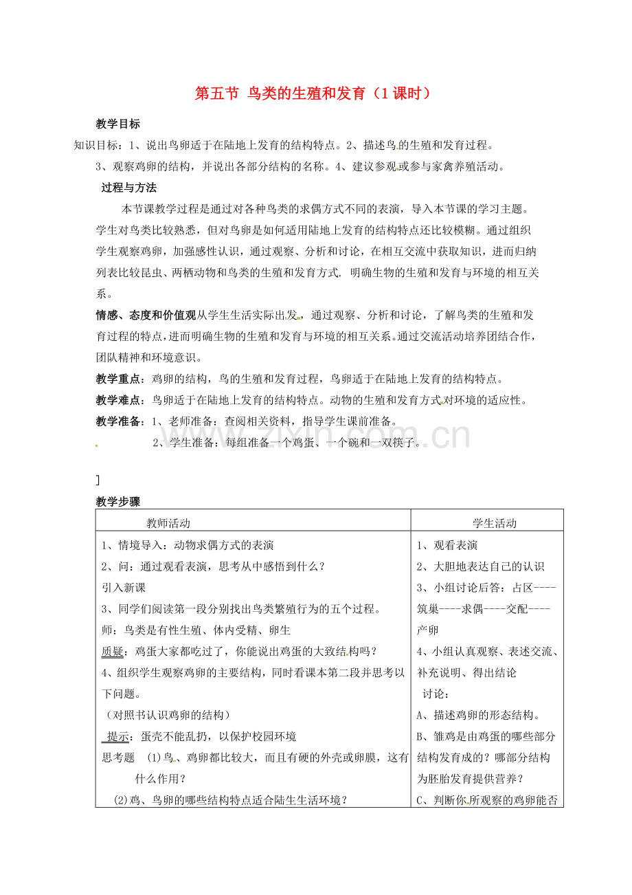 江苏省盐城东台市唐洋镇八年级生物上册《第五节 鸟类的生殖和发育（1课时）》教案 苏教版.doc_第1页