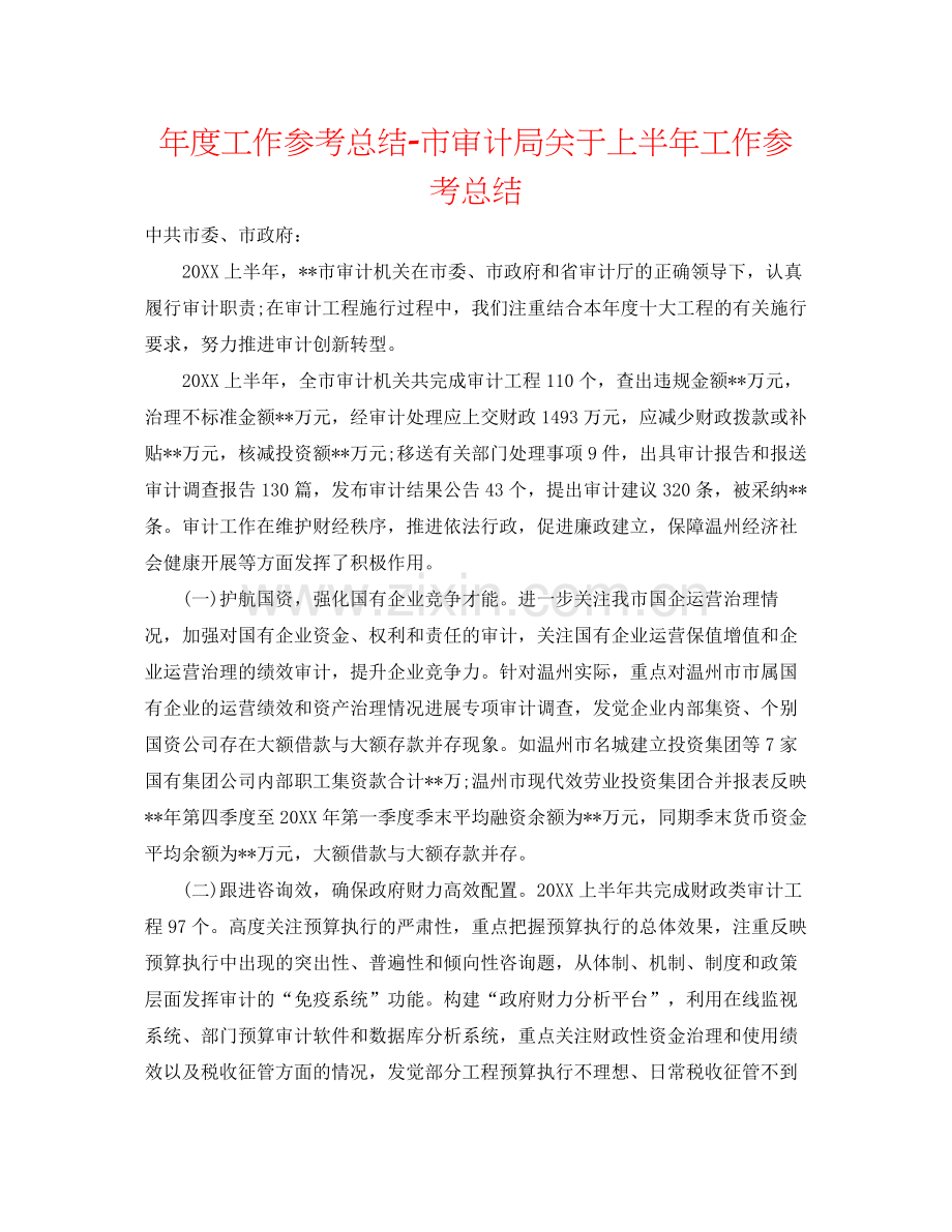 2021年度工作参考总结市审计局关于上半年工作参考总结.docx_第1页