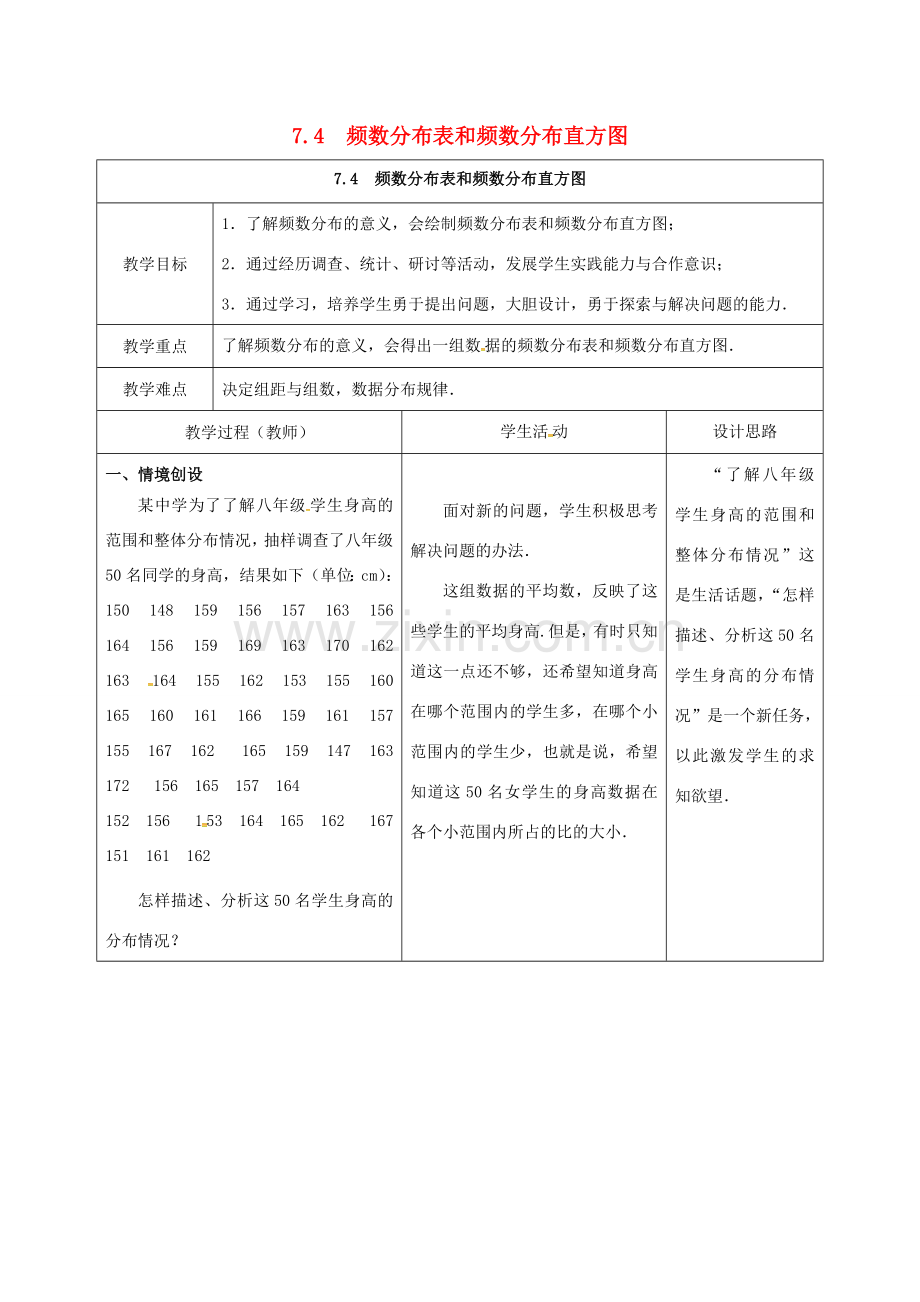 江苏省宿迁市沭阳县八年级数学下册 第7章 数据的收集、整理、描述 7.4 频数分布表和频数分布直方图教案 （新版）苏科版-（新版）苏科版初中八年级下册数学教案.doc_第1页