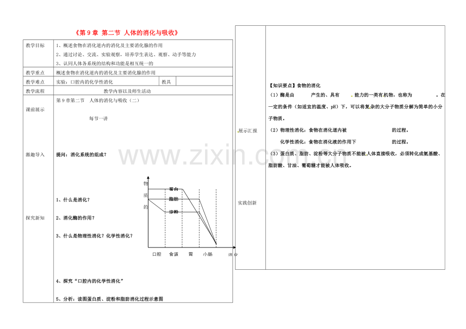 辽宁省抚顺市第二十六中学七年级生物下册《第9章 第二节 人体的消化与吸收》教学案2 新人教版.doc_第1页