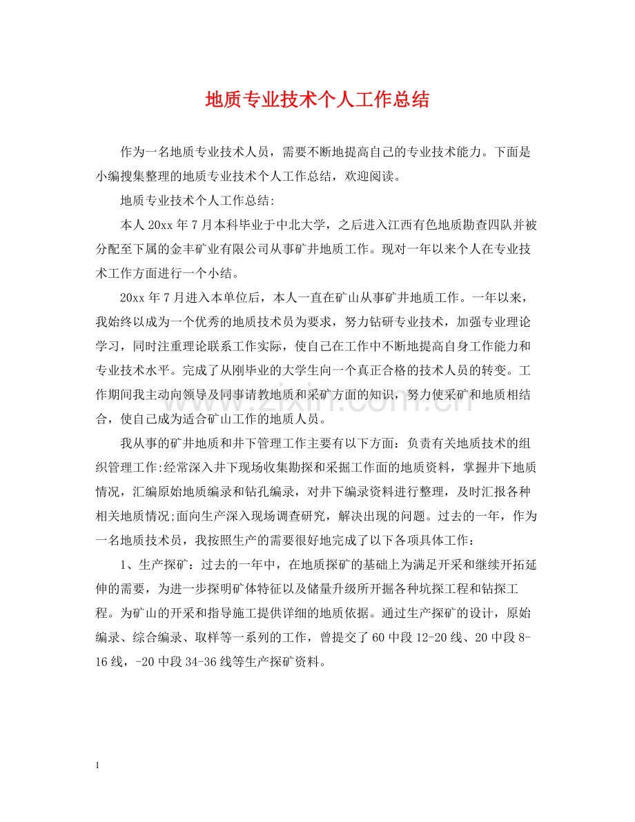 地质专业技术个人工作总结.docx_第1页