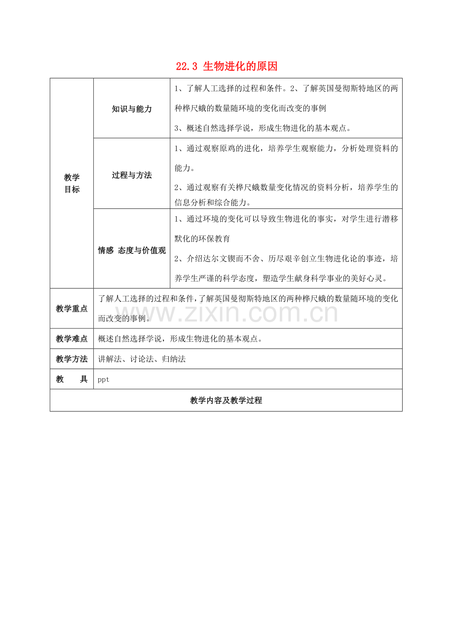 江苏省太仓市第二中学八年级生物下册 22.3 生物进化的原因教案2 苏科版.DOC_第1页