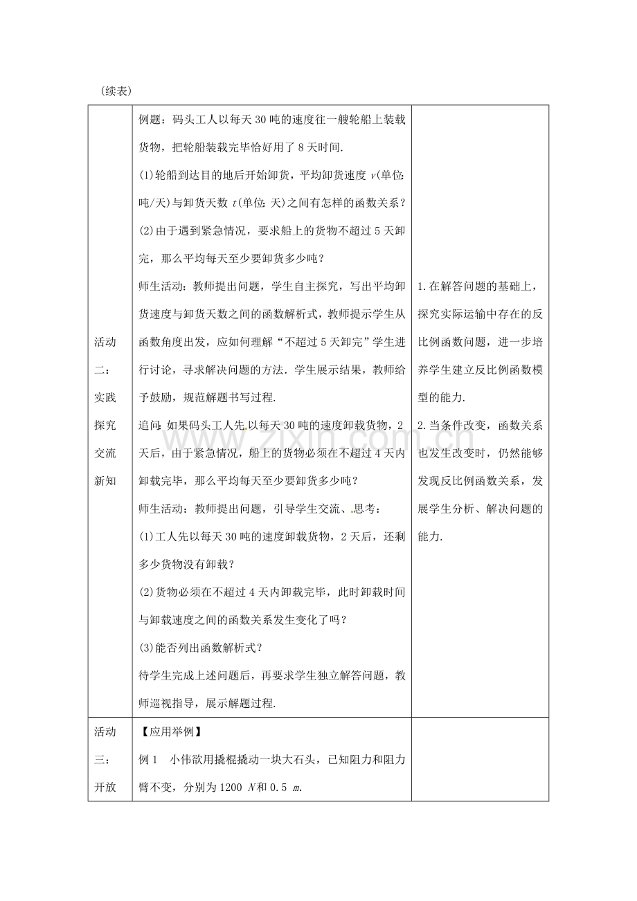 教与学 新教案九年级数学下册 26.2 实际问题与反比例函数教学设计 （新版）新人教版-（新版）新人教版初中九年级下册数学教案.doc_第3页