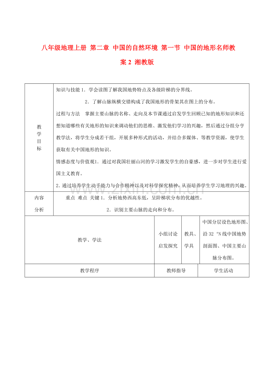 八年级地理上册 第二章 中国的自然环境 第一节 中国的地形名师教案2 湘教版.doc_第1页