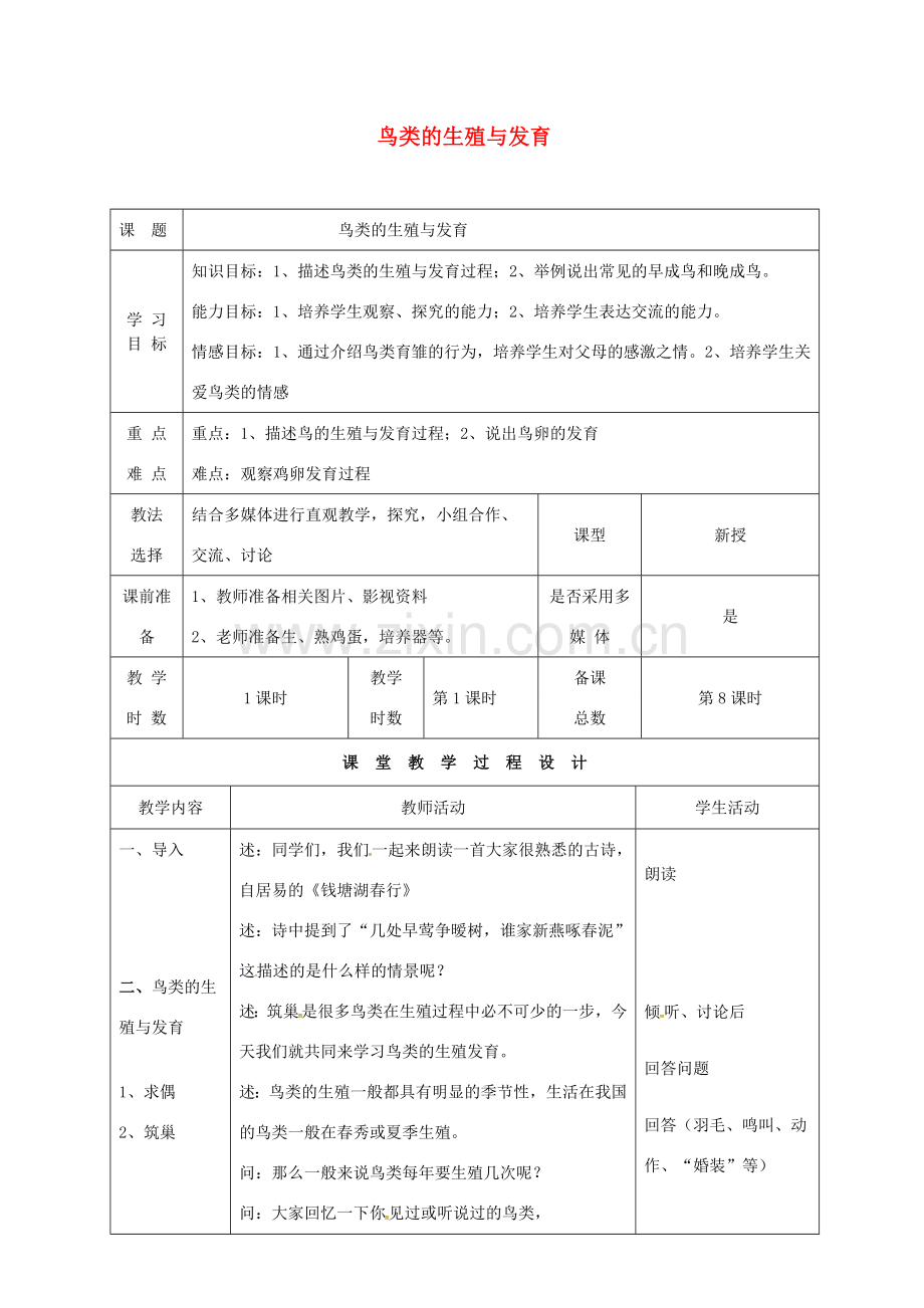 八年级生物下册 21.5 鸟类的生殖与发育教案 （新版）苏教版-（新版）苏教版初中八年级下册生物教案.doc_第1页