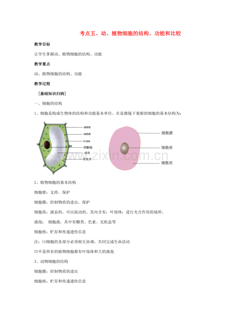 湖北省襄阳市第四十七中学九年级生物 考点五 动、植物细胞的结构 功能和比较 教学案.doc_第1页