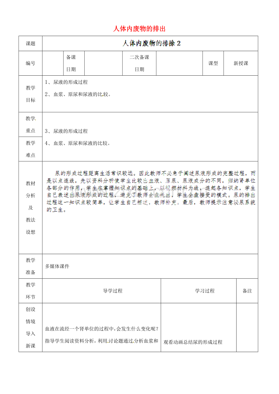 山东省临沂市蒙阴县第四中学七年级生物下册 4.5 人体内废物的排出教案2 （新版）新人教版.doc_第1页