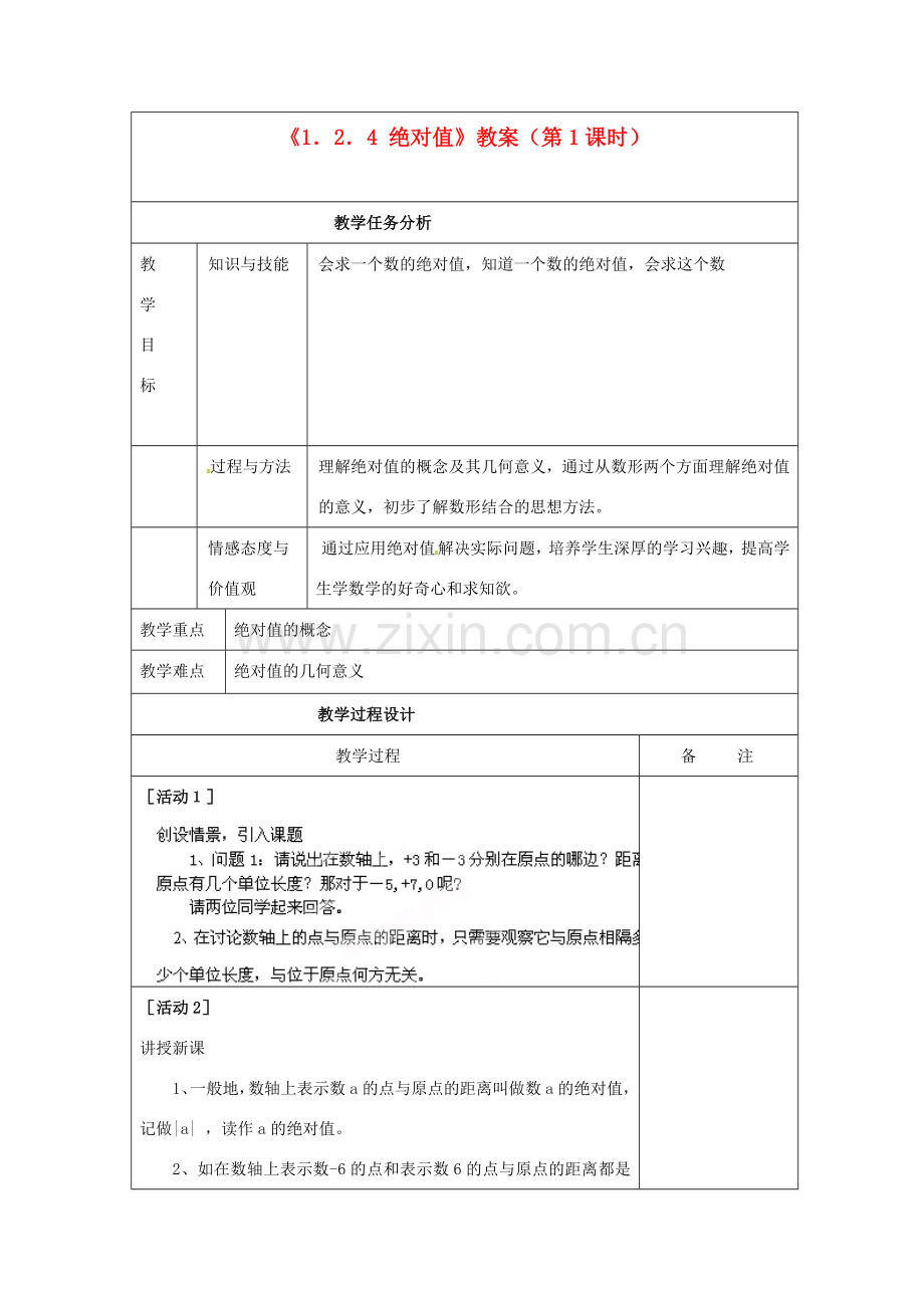 四川省雷波县民族中学七年级数学上册《1.2.4 绝对值》教案（第1课时） （新版）新人教版.doc_第1页