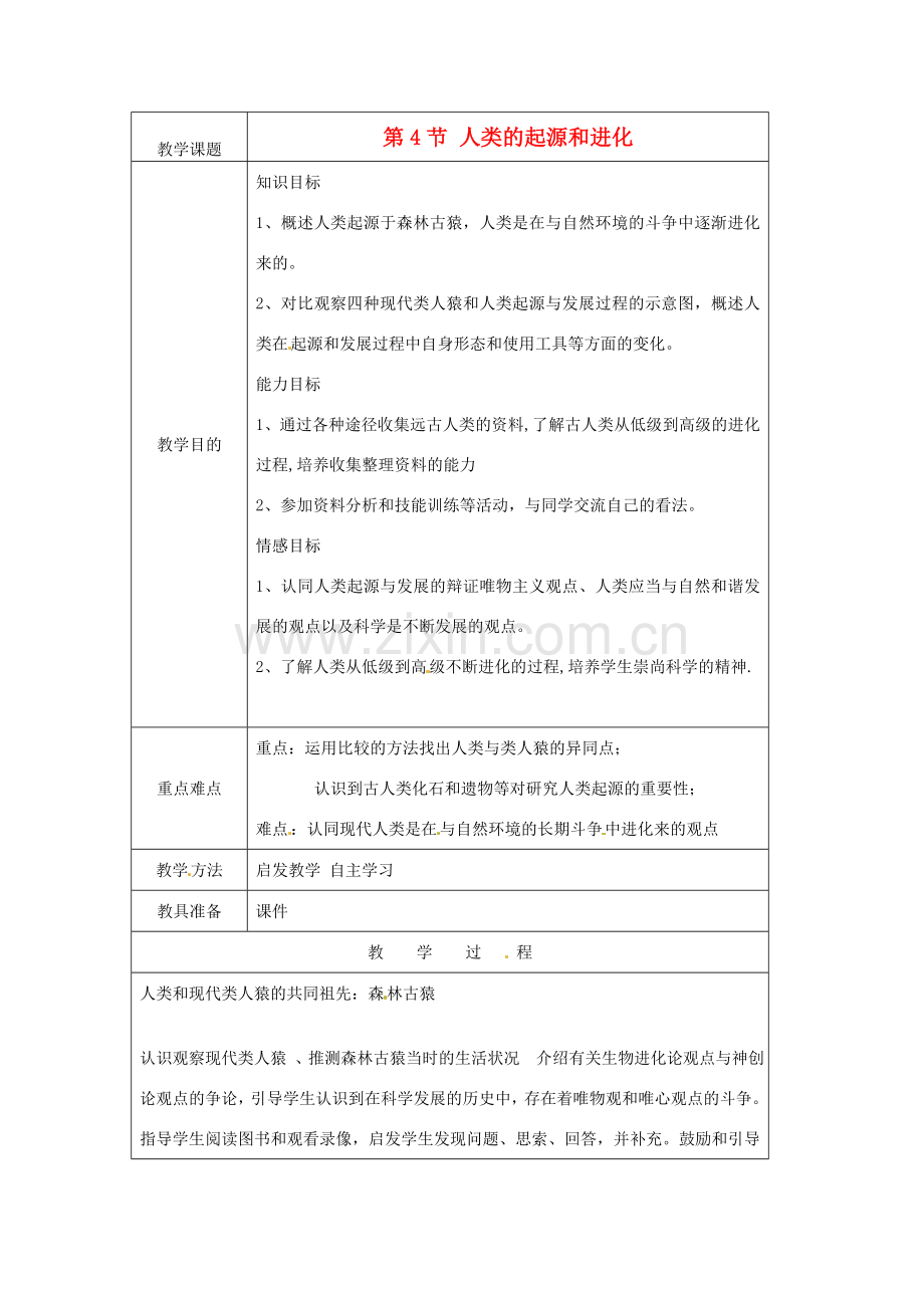 八年级生物下册 第7单元 生命的延续与进化 第23章 第4节《人类的起源和进化》教案2 （新版）苏科版-（新版）苏科版初中八年级下册生物教案.doc_第1页