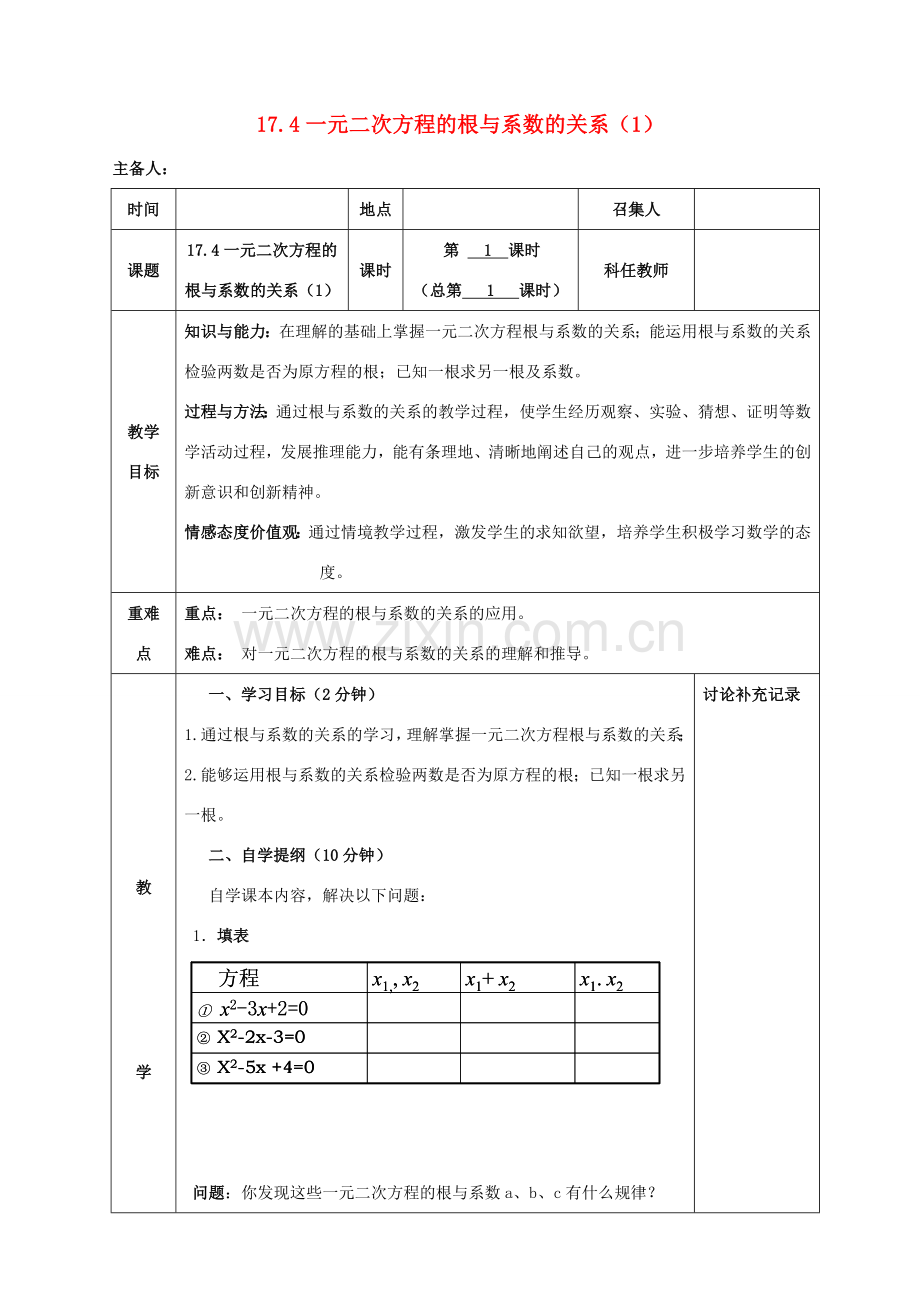 八年级数学下册 第17章 一元二次方程 17.4 一元二次方程的根与系数的关系教案 （新版）沪科版-（新版）沪科版初中八年级下册数学教案.doc_第1页