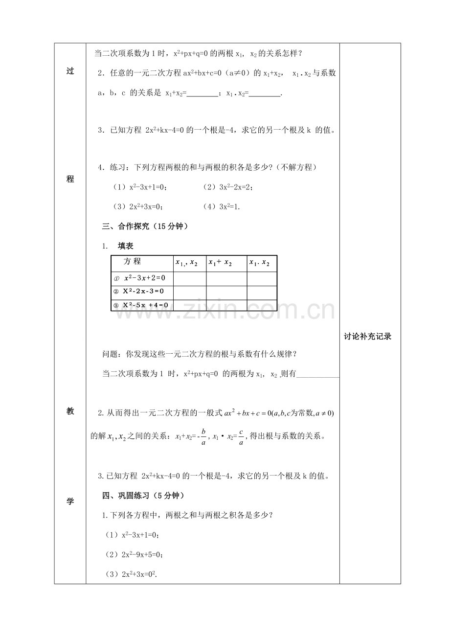 八年级数学下册 第17章 一元二次方程 17.4 一元二次方程的根与系数的关系教案 （新版）沪科版-（新版）沪科版初中八年级下册数学教案.doc_第2页