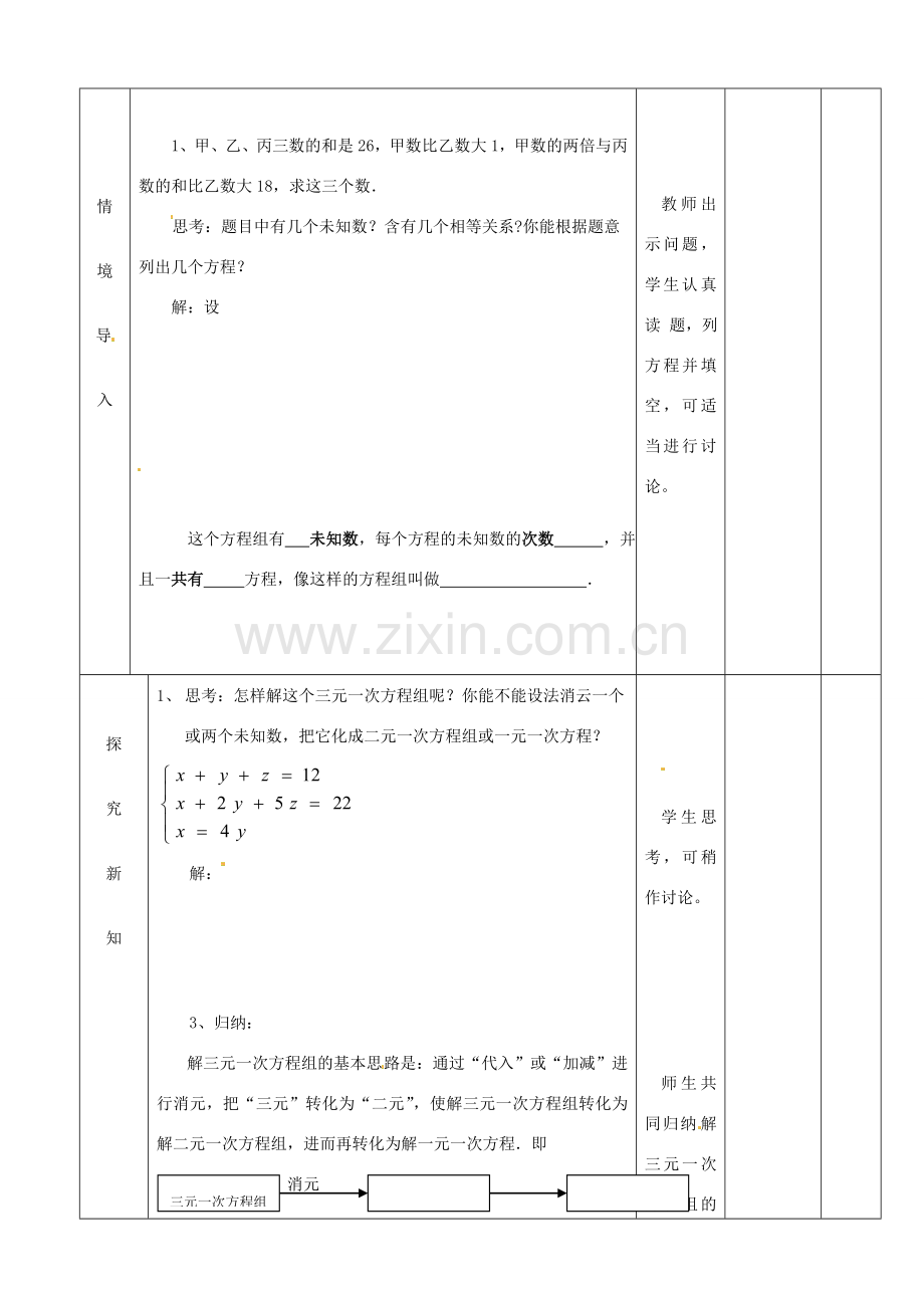 山东省滨州市邹平实验中学七年级数学下册 12解三元一次方程教案 新人教版.doc_第2页