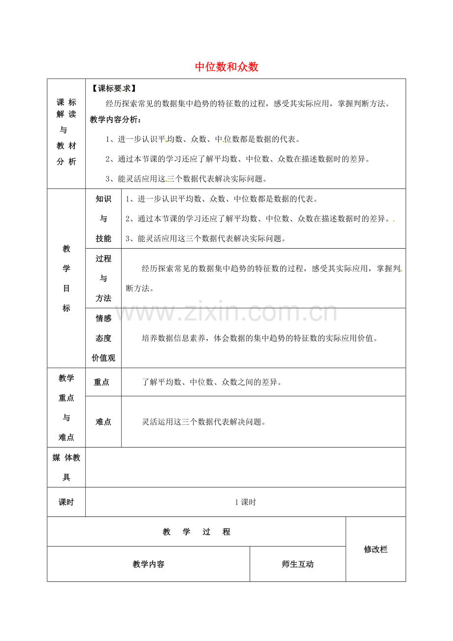 八年级数学下册 20.1.2 中位数和众数教案4 （新版）新人教版-（新版）新人教版初中八年级下册数学教案.doc_第1页