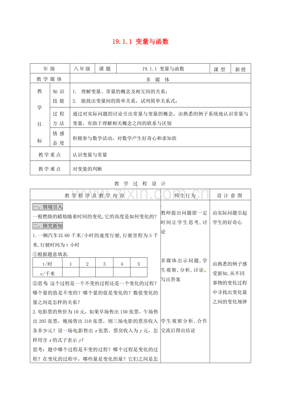 陕西省安康市紫阳县紫阳中学八年级数学下册 19.1.1 变量与函数教案 （新版）新人教版.doc_第1页