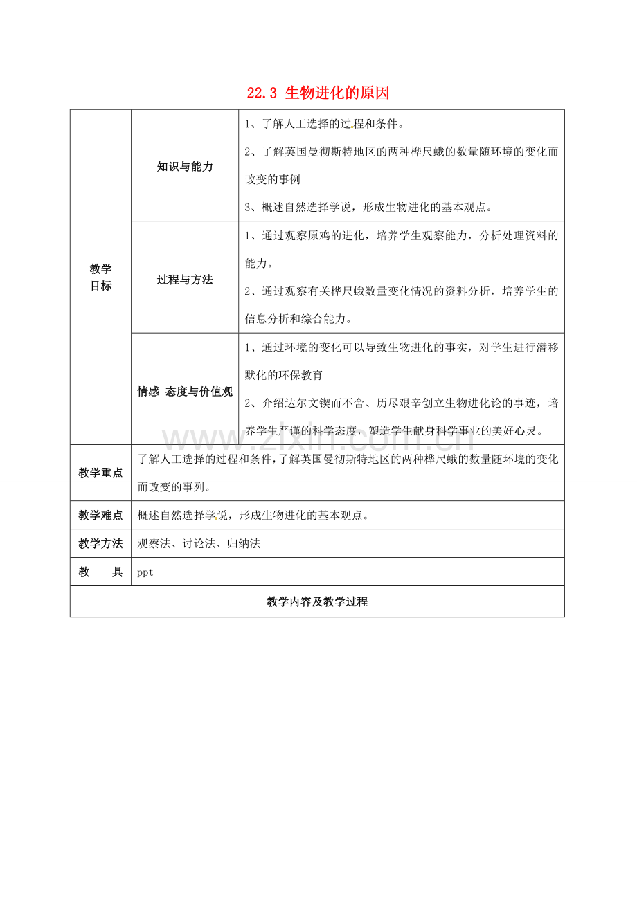 江苏省太仓市第二中学八年级生物下册 22.3 生物进化的原因教案1 苏科版.doc_第1页