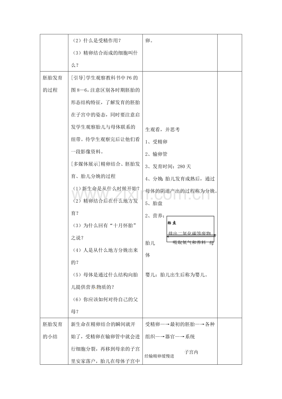 辽宁省辽阳市第九中学七年级生物下册 第八章 第一节 精卵结合孕育新的生命（第2课时）教案 苏教版.doc_第3页