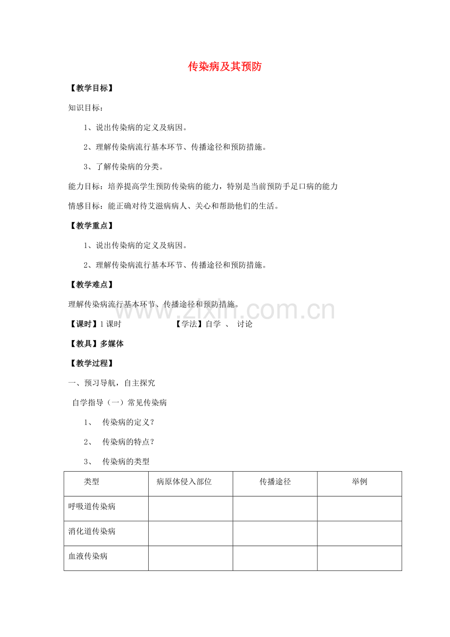 七年级生物下册 3.6.2 传染病及其预防教案 （新版）济南版.doc_第1页